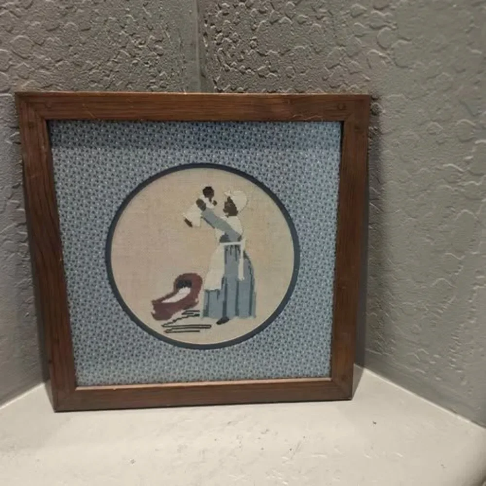 Vintage Framed Needlepoint Colonial Woman and Baby Folkart